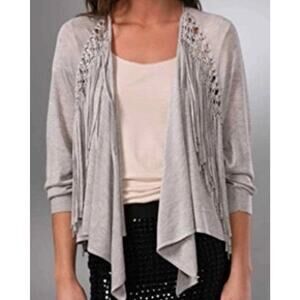 Rebecca Taylor Light Gray Fringe Knit Crochet Cardigan western Sweater Sz S